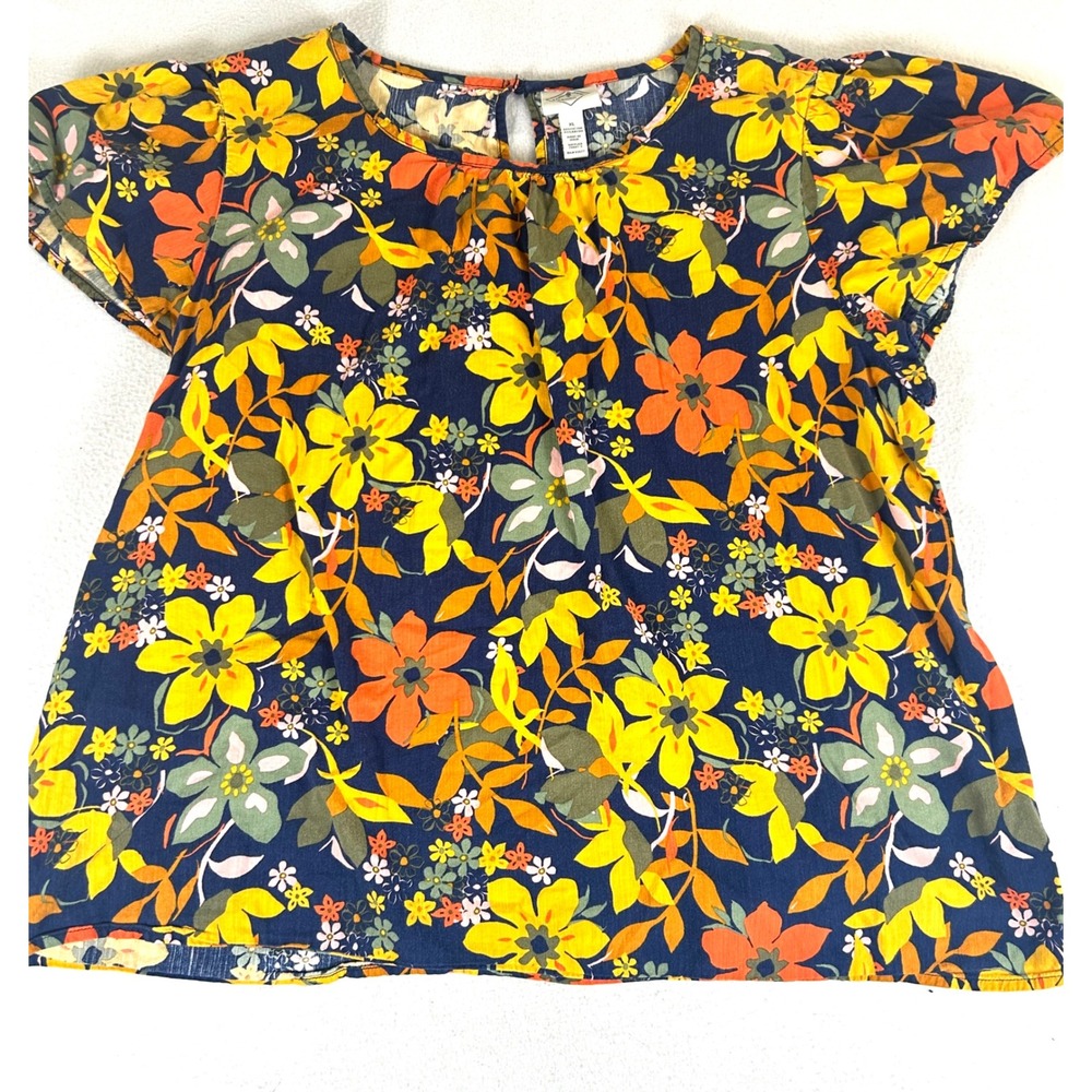 St. John's Bay Floral Blouse Women XL Navy Yellow Orange Boho Cottagecore Top‎